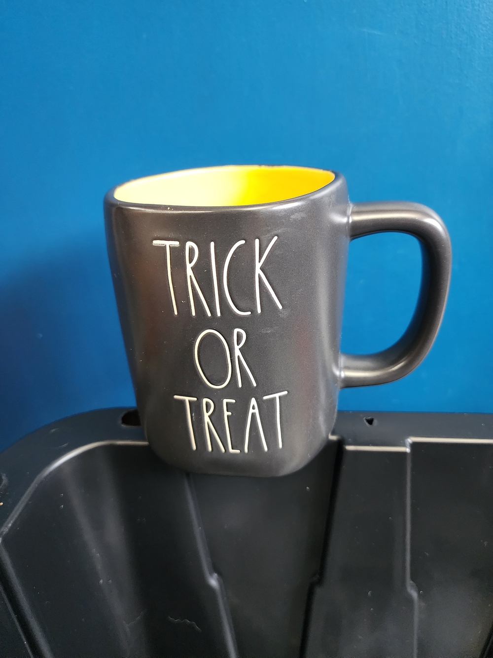 Rae Dunn Grey Ceramic 'Trick or Treat' Mug with Yellow Interior